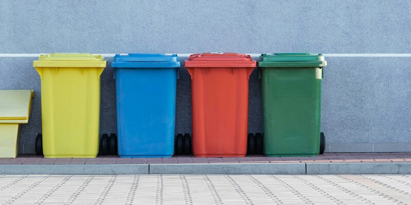 Color-coded outdoor waste and recycling bins